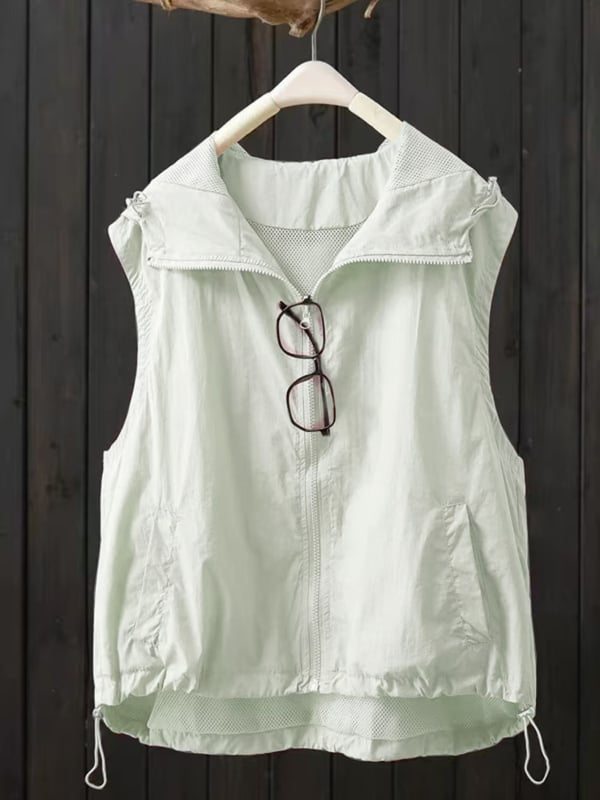 Ženska bezrukavna vesta s kapuljom, casual stil, standardna duljina, poliester 90-95%, japansko-korejski casual stil