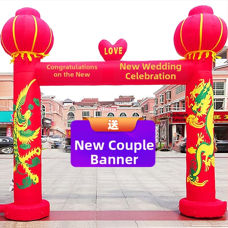 Arc de nuntă gonflabil pentru exterior, cu motiv Dragon și Fenix și curcubeu