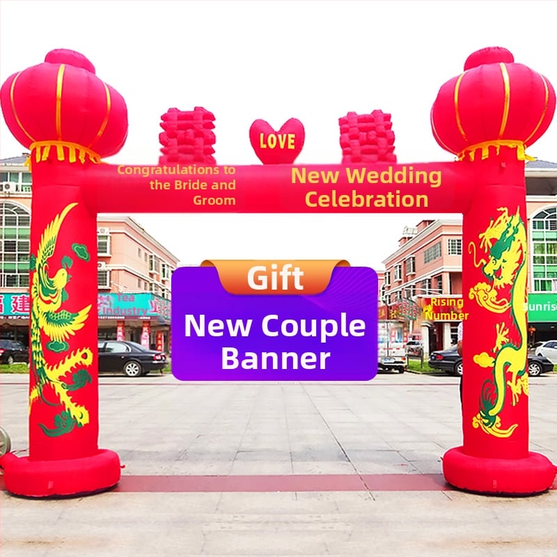 Arc de nuntă gonflabil pentru exterior, cu motiv Dragon și Fenix și curcubeu