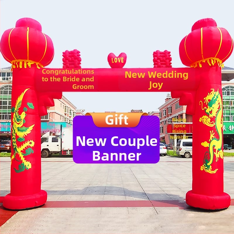 Arc de nuntă gonflabil pentru exterior, cu motiv Dragon și Fenix și curcubeu