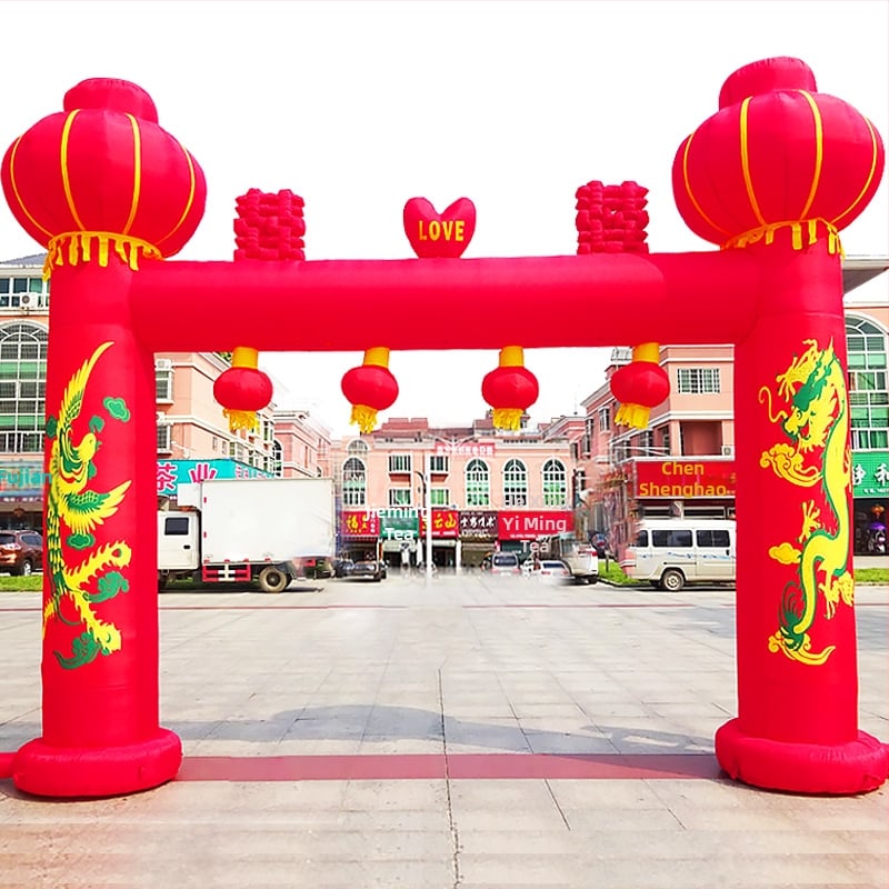 Arc de nuntă gonflabil pentru exterior, cu motiv Dragon și Fenix și curcubeu