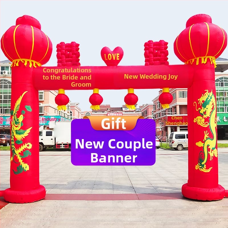 Arc de nuntă gonflabil pentru exterior, cu motiv Dragon și Fenix și curcubeu