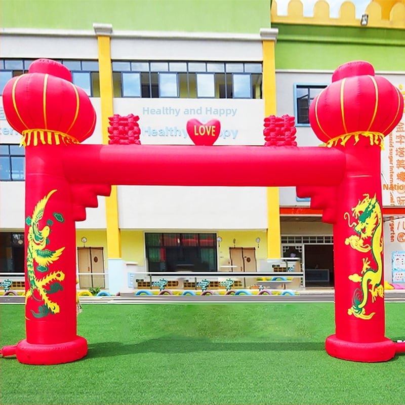 Arc de nuntă gonflabil pentru exterior, cu motiv Dragon și Fenix și curcubeu