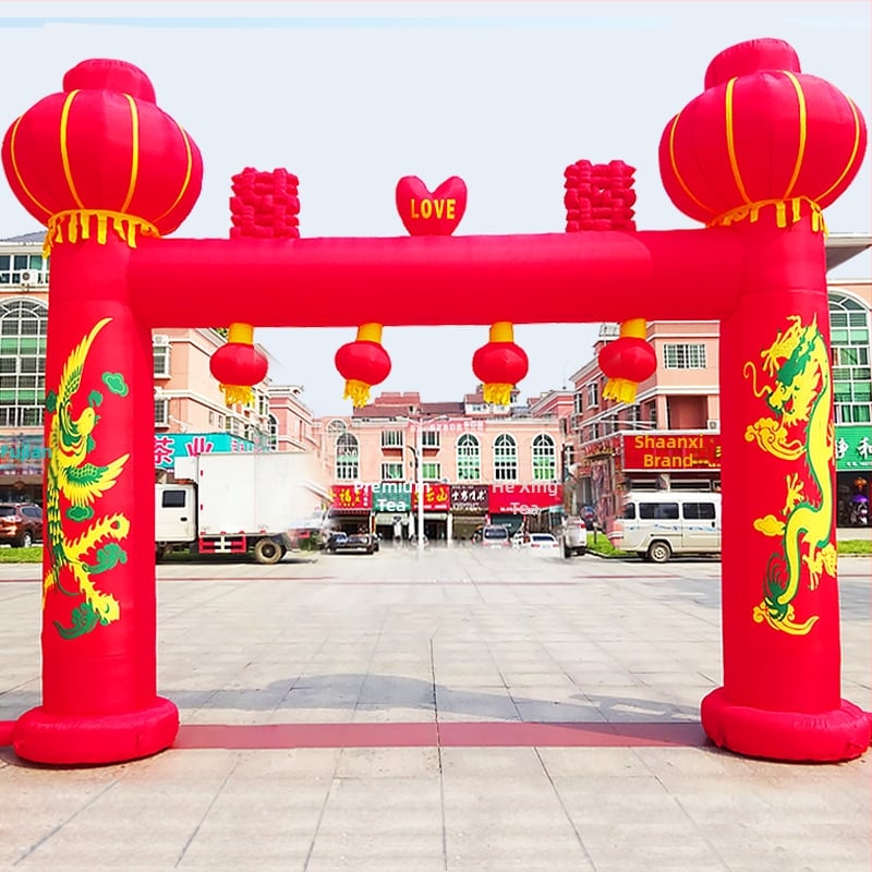 Arc de nuntă gonflabil pentru exterior, cu motiv Dragon și Fenix și curcubeu