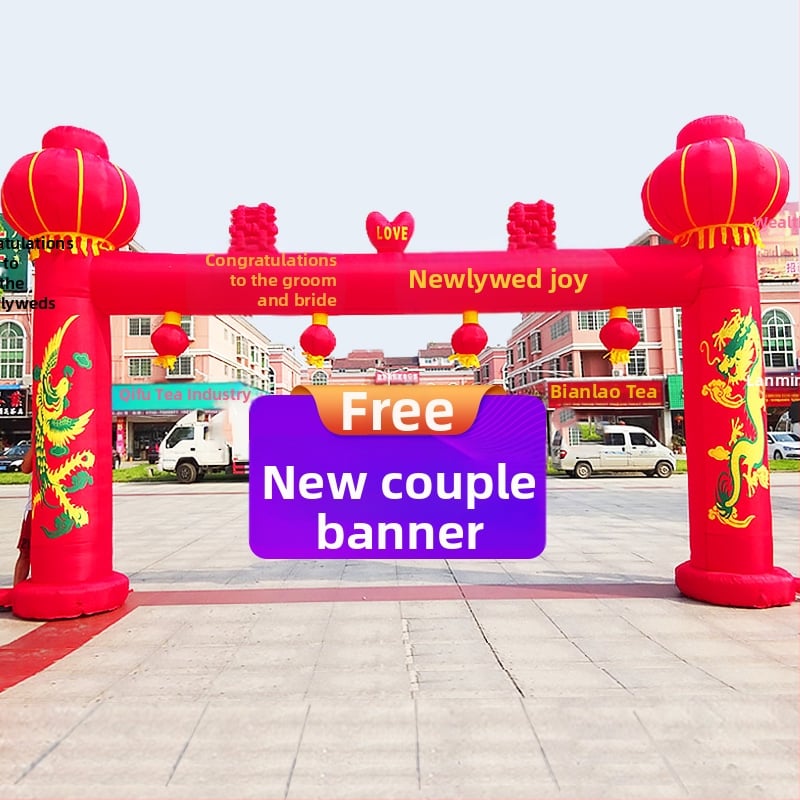 Arc de nuntă gonflabil pentru exterior, cu motiv Dragon și Fenix și curcubeu