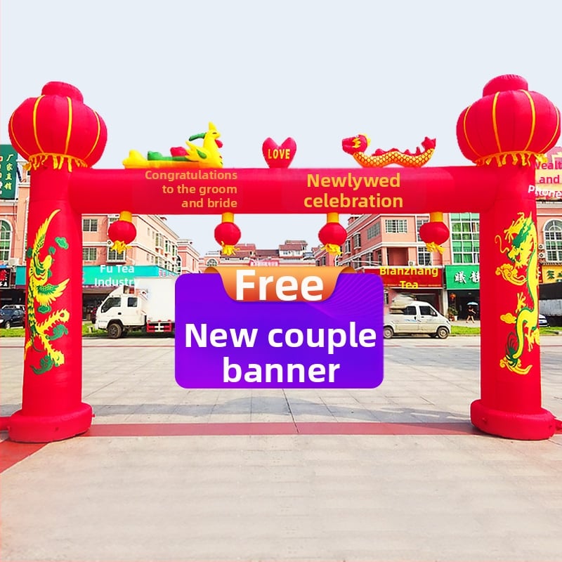 Arc de nuntă gonflabil pentru exterior, cu motiv Dragon și Fenix și curcubeu