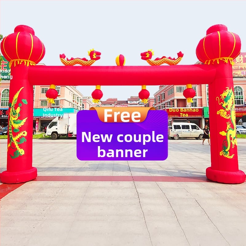 Arc de nuntă gonflabil pentru exterior, cu motiv Dragon și Fenix și curcubeu