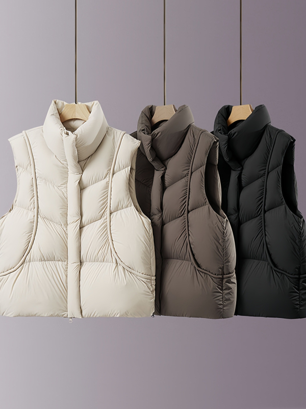 Ženska down vesta s stojećim ovratnikom, zimski stil, 2025 nova moda, elegantan gradski stil, sadržaj perja 86–90%, punilo: bijelo gusje perje, 51–100 g punila