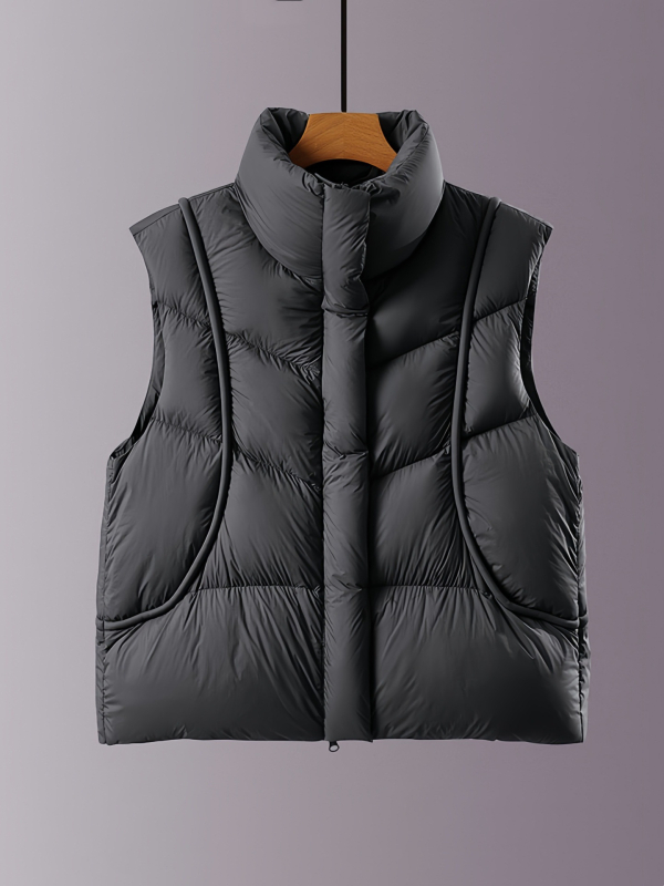 Ženska down vesta s stojećim ovratnikom, zimski stil, 2025 nova moda, elegantan gradski stil, sadržaj perja 86–90%, punilo: bijelo gusje perje, 51–100 g punila