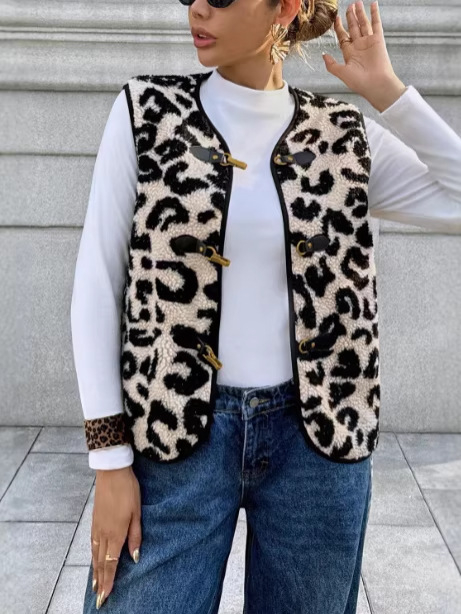 Ženski kašmirski pleteni prsluk s leopard uzorkom, prednje kopčanje na gumbe, okrugli izrez, standardna duljina