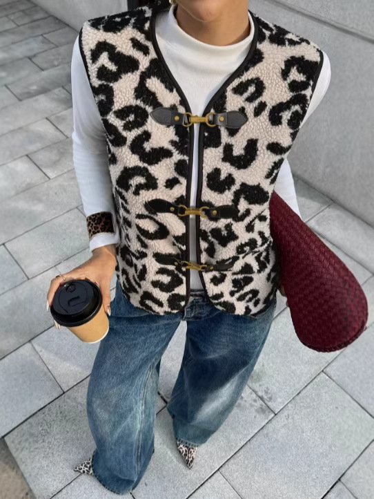 Ženski kašmirski pleteni prsluk s leopard uzorkom, prednje kopčanje na gumbe, okrugli izrez, standardna duljina