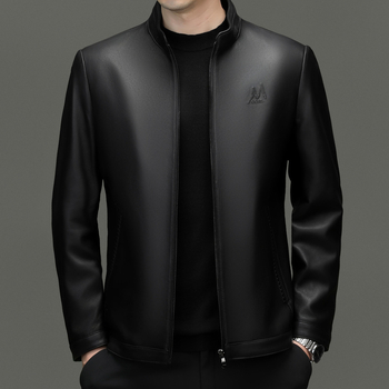 Ανδρικό δερμάτινο μπουφάν μοτοσικλέτας από δέρμα κατσίκας — στενή γραμμή, κολάρο-στάση, φερμουάρ, εσωτερική επένδυση πολυεστερικού υλικού