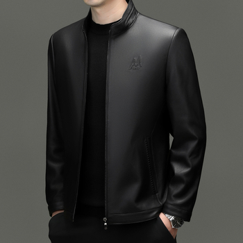 Ανδρικό δερμάτινο μπουφάν μοτοσικλέτας από δέρμα κατσίκας — στενή γραμμή, κολάρο-στάση, φερμουάρ, εσωτερική επένδυση πολυεστερικού υλικού