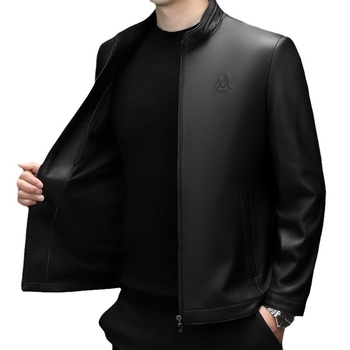 Ανδρικό δερμάτινο μπουφάν μοτοσικλέτας από δέρμα κατσίκας — στενή γραμμή, κολάρο-στάση, φερμουάρ, εσωτερική επένδυση πολυεστερικού υλικού