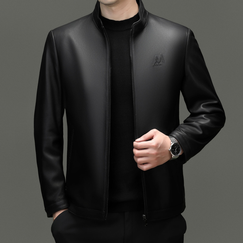 Ανδρικό δερμάτινο μπουφάν μοτοσικλέτας από δέρμα κατσίκας — στενή γραμμή, κολάρο-στάση, φερμουάρ, εσωτερική επένδυση πολυεστερικού υλικού