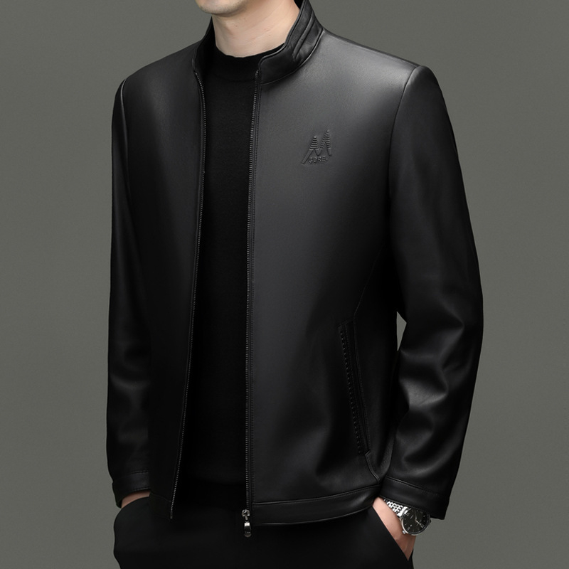 Ανδρικό δερμάτινο μπουφάν μοτοσικλέτας από δέρμα κατσίκας — στενή γραμμή, κολάρο-στάση, φερμουάρ, εσωτερική επένδυση πολυεστερικού υλικού