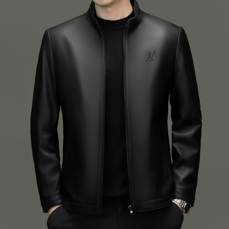 Ανδρικό δερμάτινο μπουφάν μοτοσικλέτας από δέρμα κατσίκας — στενή γραμμή, κολάρο-στάση, φερμουάρ, εσωτερική επένδυση πολυεστερικού υλικού