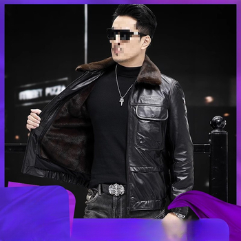 Ανδρικό δερμάτινο μπουφάν από βοδινό δέρμα με πέτο, επενδεδυμένο με φλίς και παχύτερο, με φερμουάρ μπροστά και πολλές τσέπες