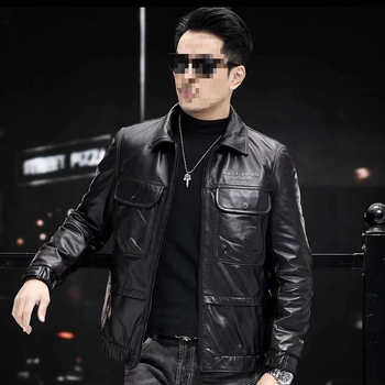 Ανδρικό δερμάτινο μπουφάν από βοδινό δέρμα με πέτο, επενδεδυμένο με φλίς και παχύτερο, με φερμουάρ μπροστά και πολλές τσέπες