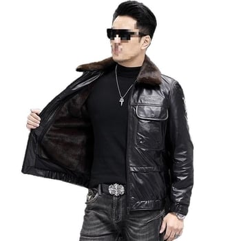 Ανδρικό δερμάτινο μπουφάν από βοδινό δέρμα με πέτο, επενδεδυμένο με φλίς και παχύτερο, με φερμουάρ μπροστά και πολλές τσέπες