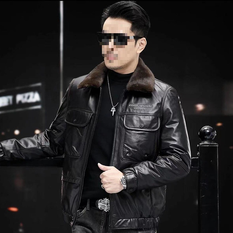 Ανδρικό δερμάτινο μπουφάν από βοδινό δέρμα με πέτο, επενδεδυμένο με φλίς και παχύτερο, με φερμουάρ μπροστά και πολλές τσέπες