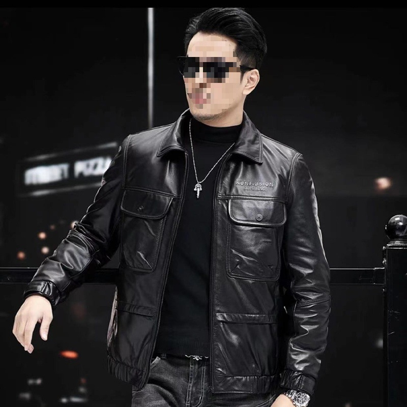Ανδρικό δερμάτινο μπουφάν από βοδινό δέρμα με πέτο, επενδεδυμένο με φλίς και παχύτερο, με φερμουάρ μπροστά και πολλές τσέπες