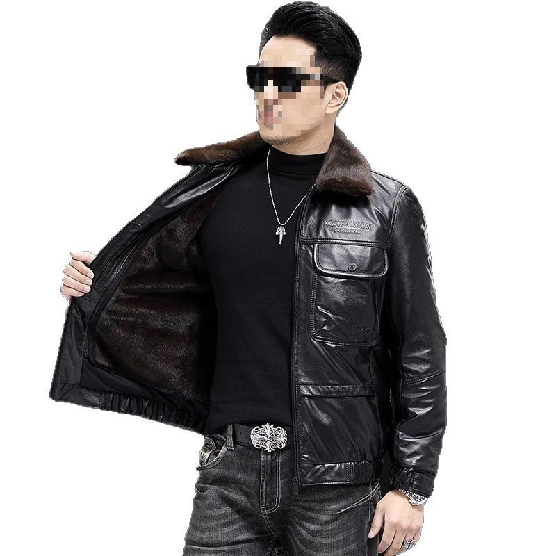 Ανδρικό δερμάτινο μπουφάν από βοδινό δέρμα με πέτο, επενδεδυμένο με φλίς και παχύτερο, με φερμουάρ μπροστά και πολλές τσέπες