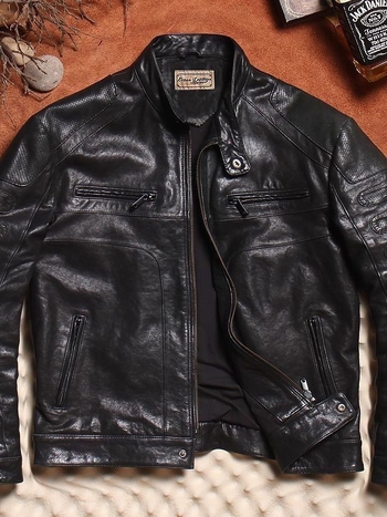 Muška kožna jakna, stojeći ovratnik, uski kroj, prednji zip, prava ovčja koža, vintage stil