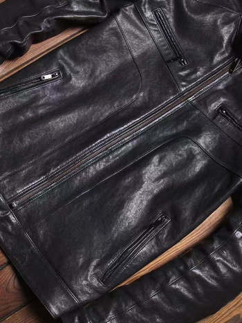 Muška kožna jakna, stojeći ovratnik, uski kroj, prednji zip, prava ovčja koža, vintage stil