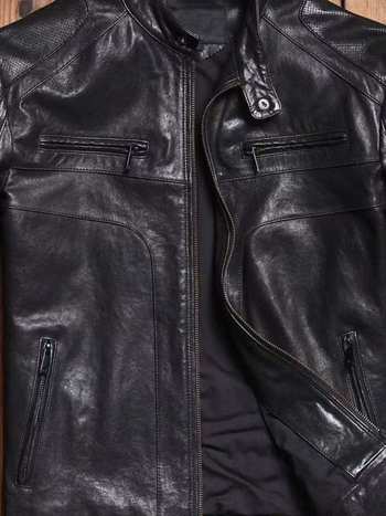 Muška kožna jakna, stojeći ovratnik, uski kroj, prednji zip, prava ovčja koža, vintage stil
