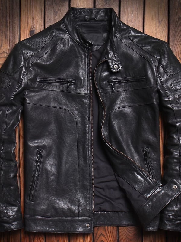 Muška kožna jakna, stojeći ovratnik, uski kroj, prednji zip, prava ovčja koža, vintage stil