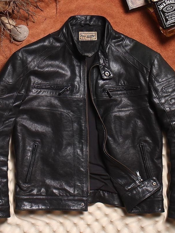 Muška kožna jakna, stojeći ovratnik, uski kroj, prednji zip, prava ovčja koža, vintage stil