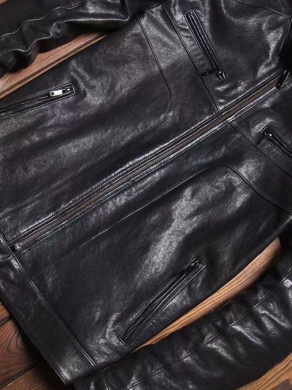 Muška kožna jakna, stojeći ovratnik, uski kroj, prednji zip, prava ovčja koža, vintage stil