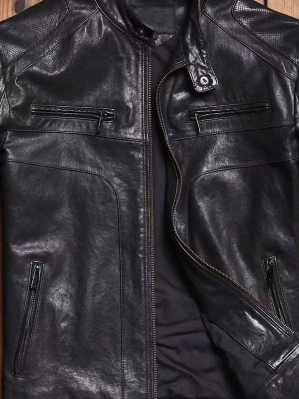 Muška kožna jakna, stojeći ovratnik, uski kroj, prednji zip, prava ovčja koža, vintage stil