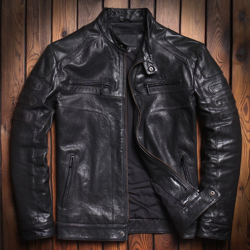 Muška kožna jakna, stojeći ovratnik, uski kroj, prednji zip, prava ovčja koža, vintage stil