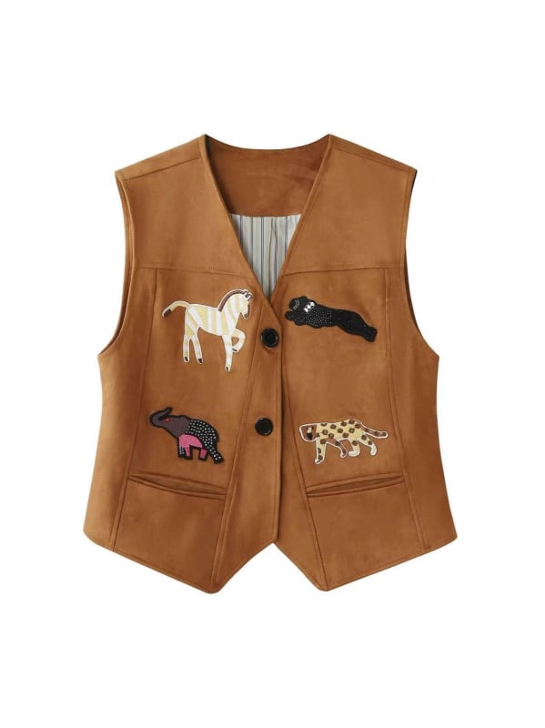 Ženski retro suede vest s anime motivom, V-dekolte, jednostruko kopčanje, poliester materijal