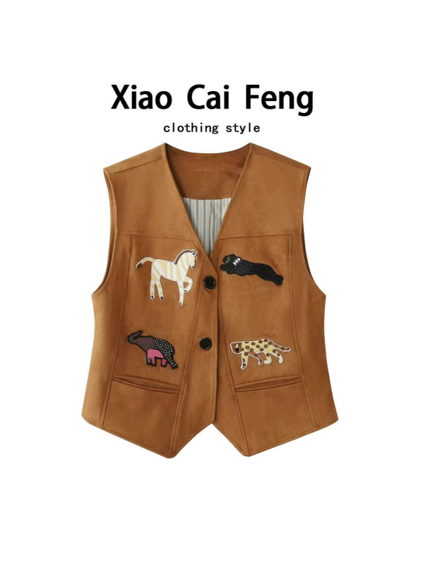 Ženski retro suede vest s anime motivom, V-dekolte, jednostruko kopčanje, poliester materijal