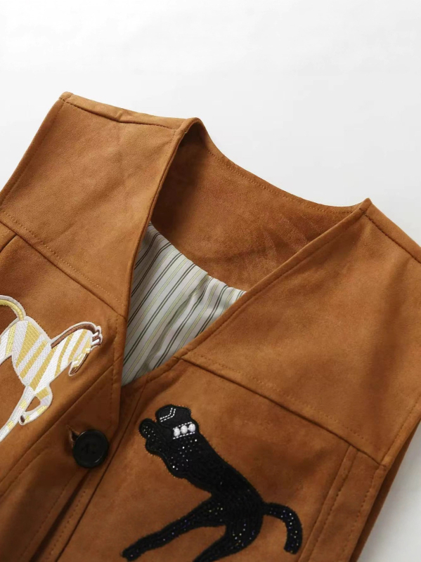 Ženski retro suede vest s anime motivom, V-dekolte, jednostruko kopčanje, poliester materijal