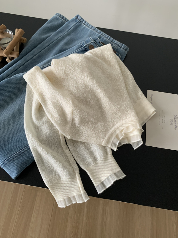 Ženski pleteni top s čipkastim detaljem i stojećim ovratnikom, vunena mješavina, jacquard uzorak, opušten kroj