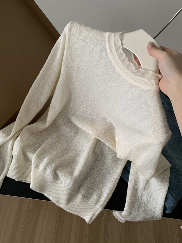 Ženski pleteni top s čipkastim detaljem i stojećim ovratnikom, vunena mješavina, jacquard uzorak, opušten kroj