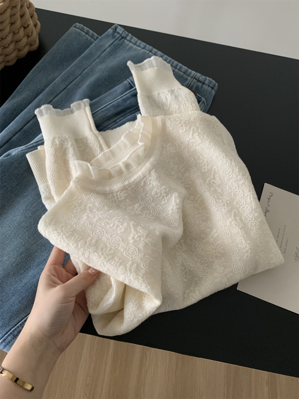 Ženski pleteni top s čipkastim detaljem i stojećim ovratnikom, vunena mješavina, jacquard uzorak, opušten kroj