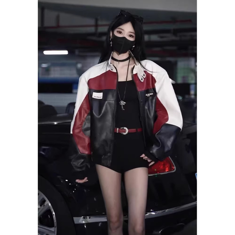 Unisex kožna jakna s denim patchworkom u racing stilu, stojeći ovratnik, zatvarač, širok kroj