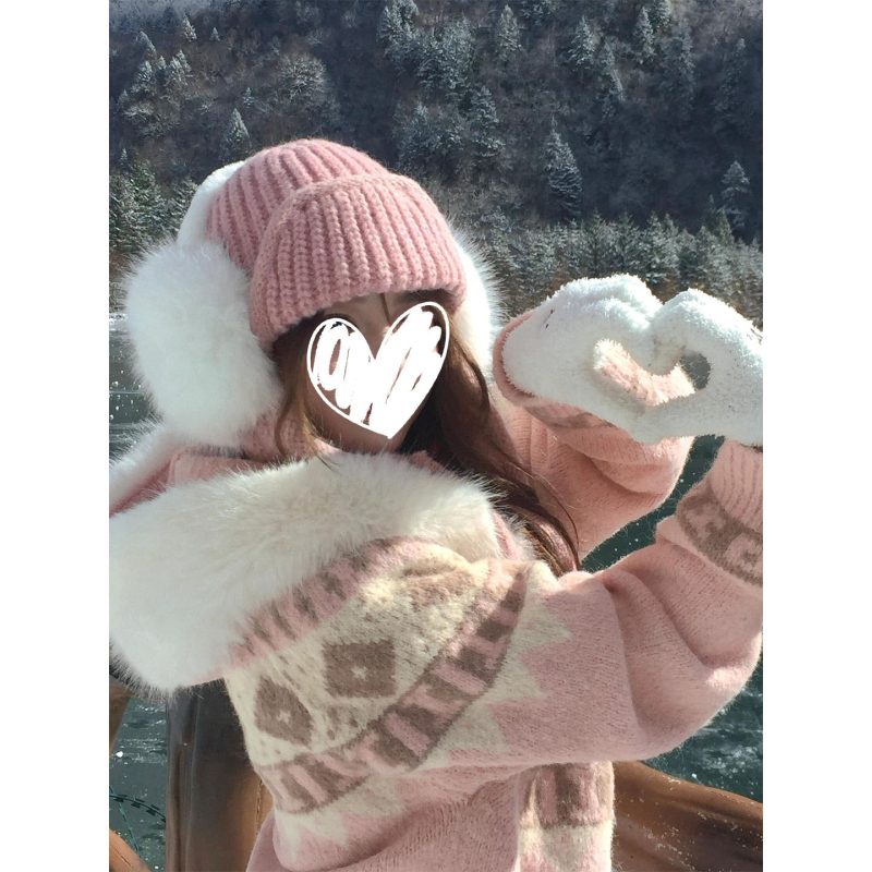 Roza pleteni kardigan s kapuljačom i plišanim ovratnikom, slobodan kroj, žene, jesen-zima, retro uzorak Fair Isle