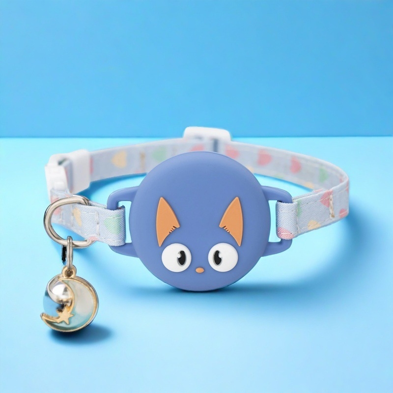 Macska elvesztés elleni nyakörv AirTag nyomkövetéssel, rajzfilm minta, műbőr, vízálló, biztonságos csat