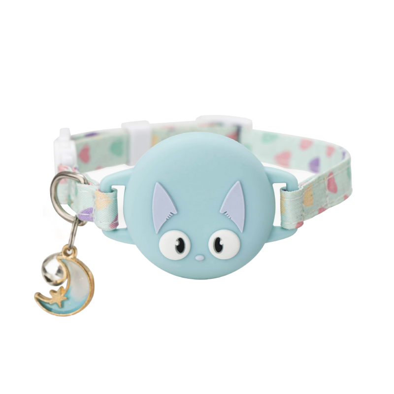 Macska elvesztés elleni nyakörv AirTag nyomkövetéssel, rajzfilm minta, műbőr, vízálló, biztonságos csat