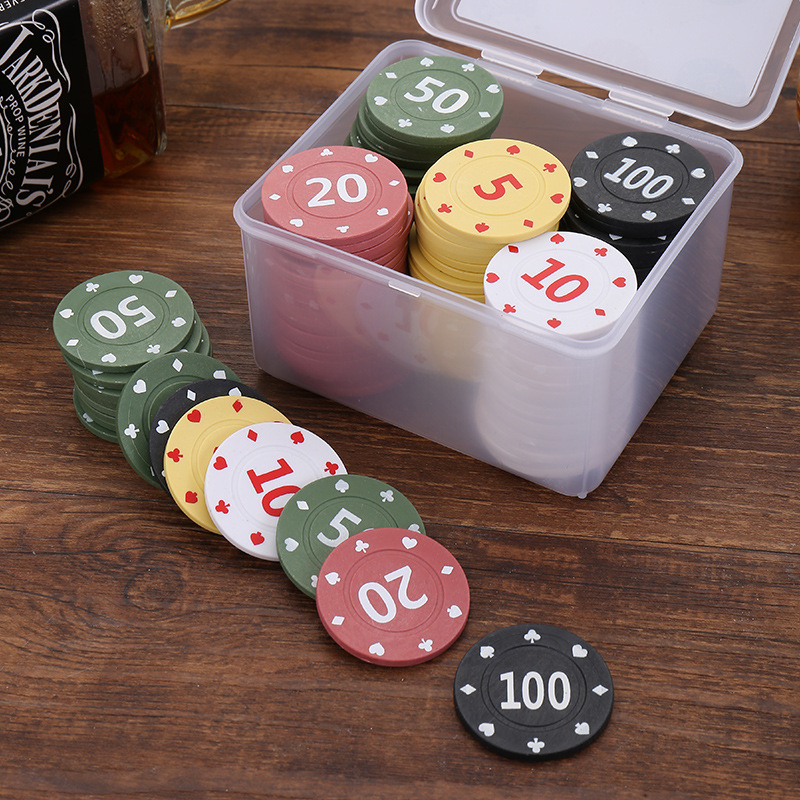 Žeton-set za Mahjong i kartanje – plastični PP, vrijednosti 1/2/5/10/20/50/100, 100 komada u kutiji