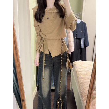 Ženski Chenille pleteni kardigan s V izrezom, resice na rubu, dugi rukavi, jednobojan, struk s vezom