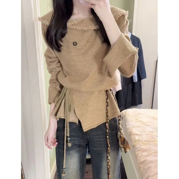 Ženski Chenille pleteni kardigan s V izrezom, resice na rubu, dugi rukavi, jednobojan, struk s vezom