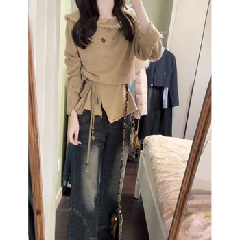 Ženski Chenille pleteni kardigan s V izrezom, resice na rubu, dugi rukavi, jednobojan, struk s vezom