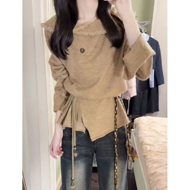 Ženski Chenille pleteni kardigan s V izrezom, resice na rubu, dugi rukavi, jednobojan, struk s vezom